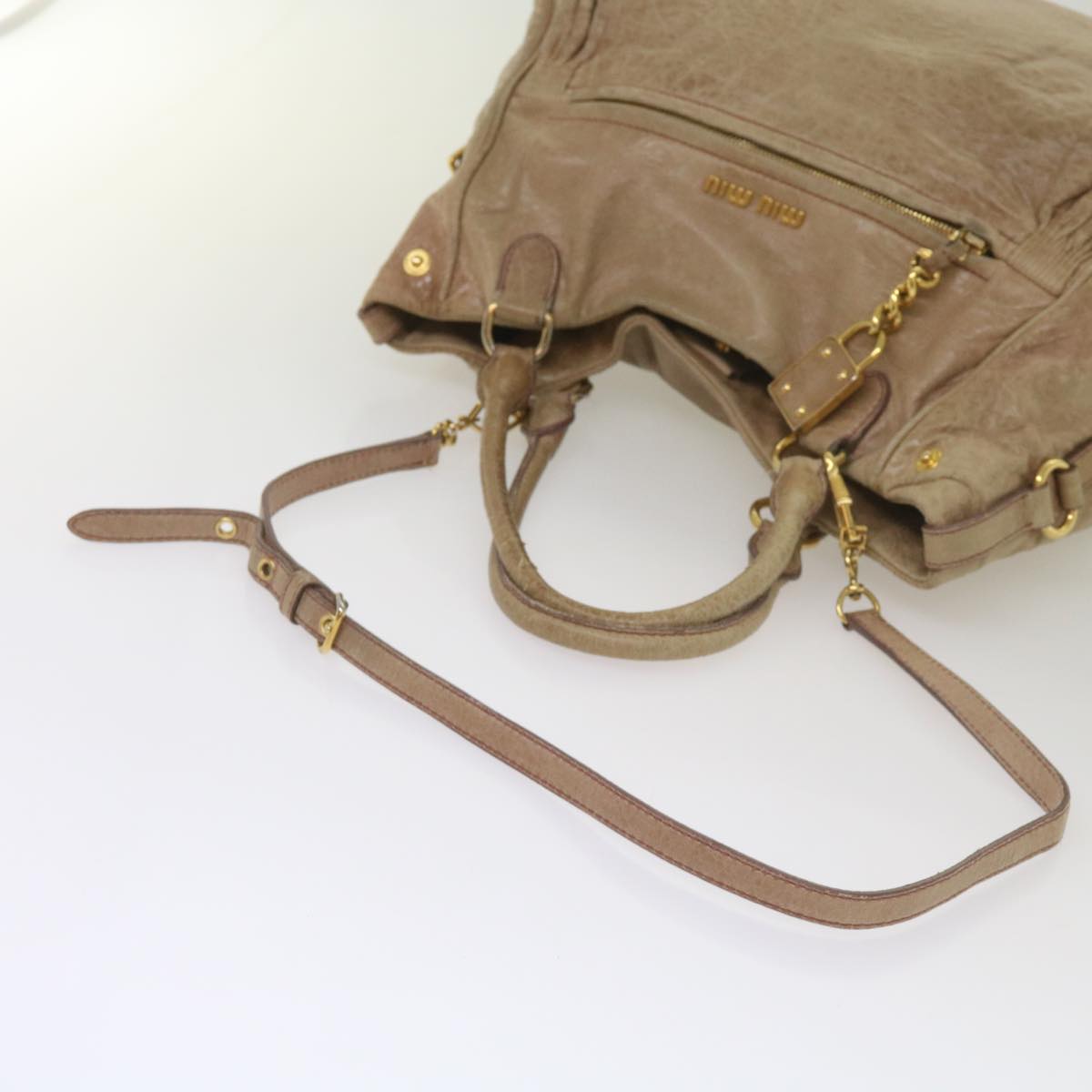 Miu Miu Hand Bag Leather 2way Beige Auth bs12104