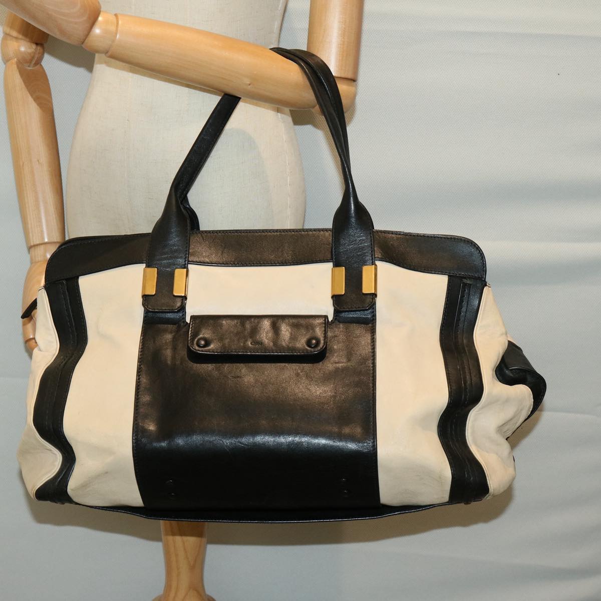 Chloe Hand Bag Leather Black Beige Auth bs12116