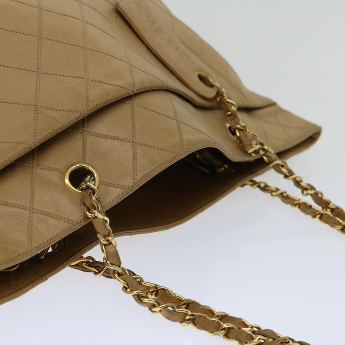 CHANEL Chain Shoulder Bag Leather Beige CC Auth bs12132