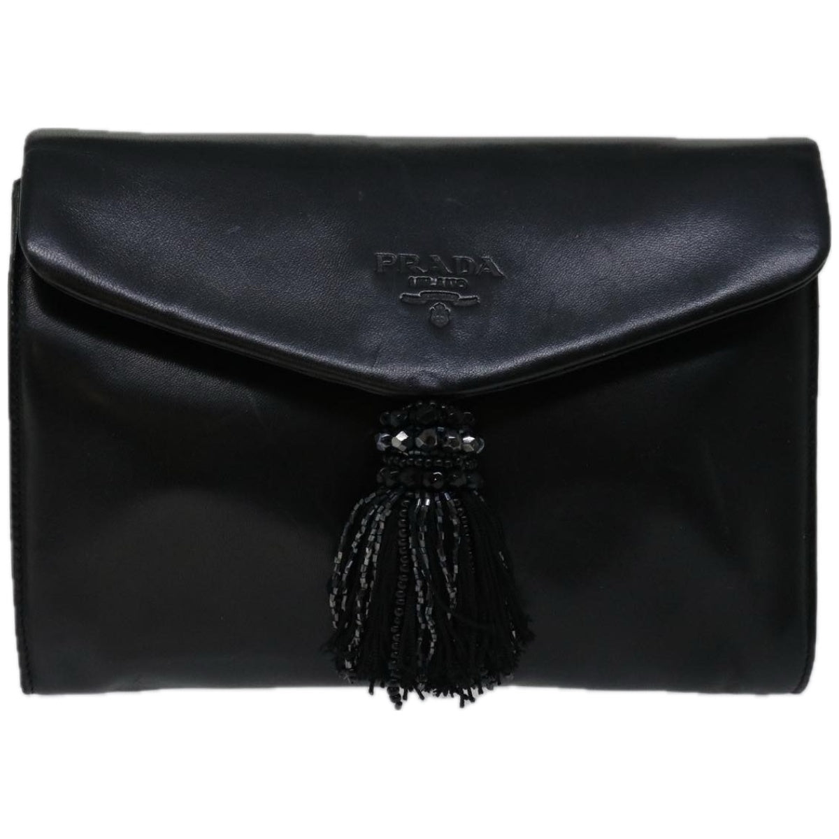 PRADA Clutch Bag Leather Black Auth bs12152