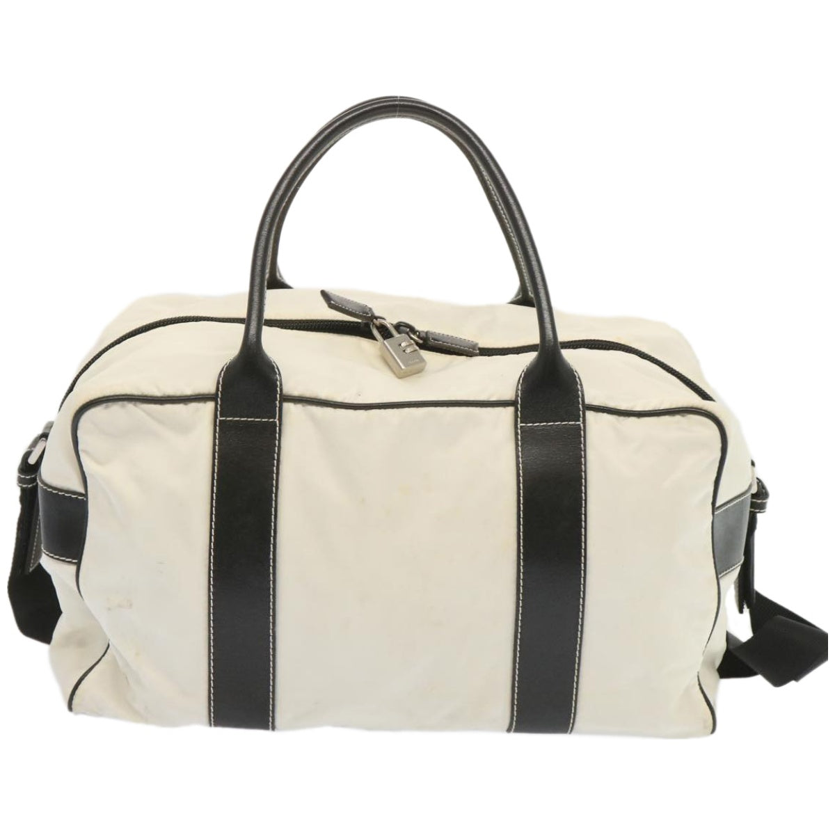 PRADA Boston Bag Nylon 2way White Black Auth bs12159