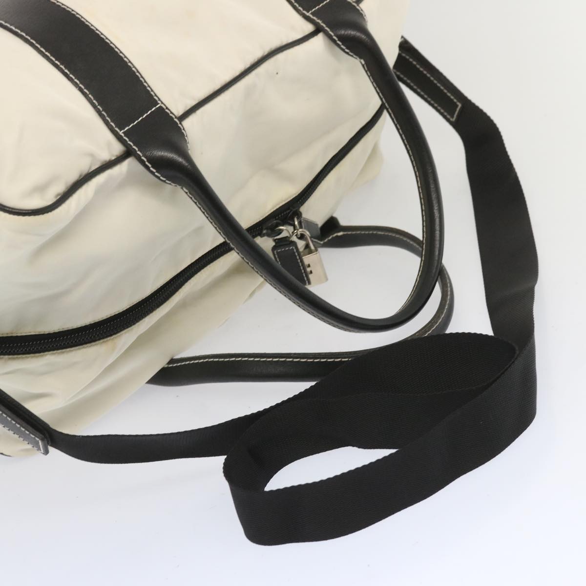 PRADA Boston Bag Nylon 2way White Black Auth bs12159