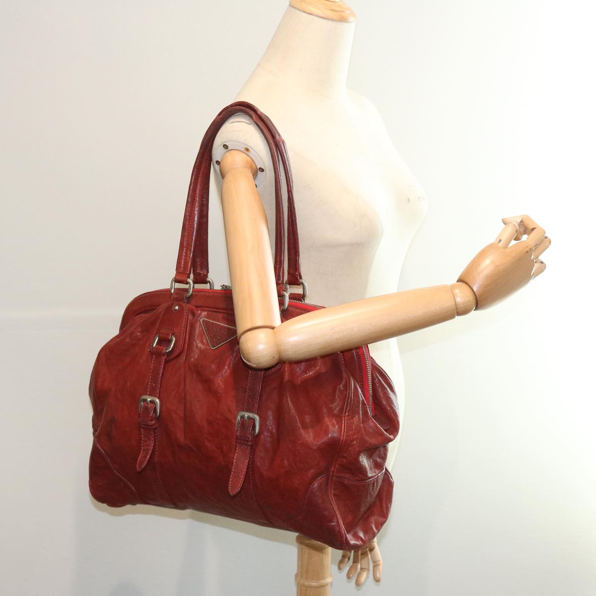 PRADA Hand Bag Leather Red Auth bs12171