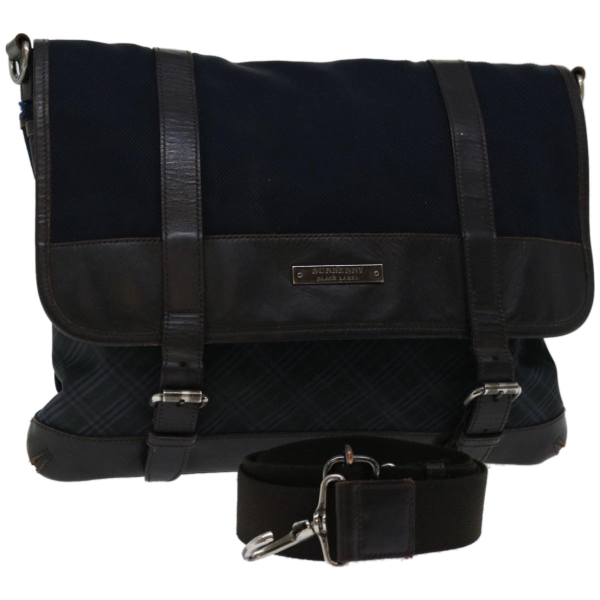 BURBERRY Nova Check Black label Shoulder Bag Canvas Navy Auth bs12199