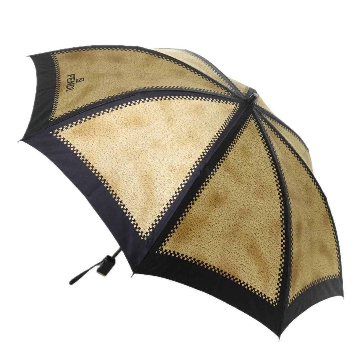 FENDI Zucchino Canvas folding Umbrella Nylon Gold Black Auth bs12295
