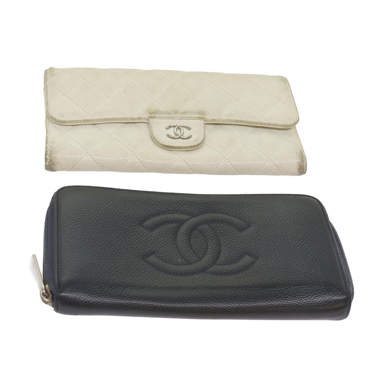 CHANEL Long Wallet Caviar Skin 2Set Navy White CC Auth bs12301