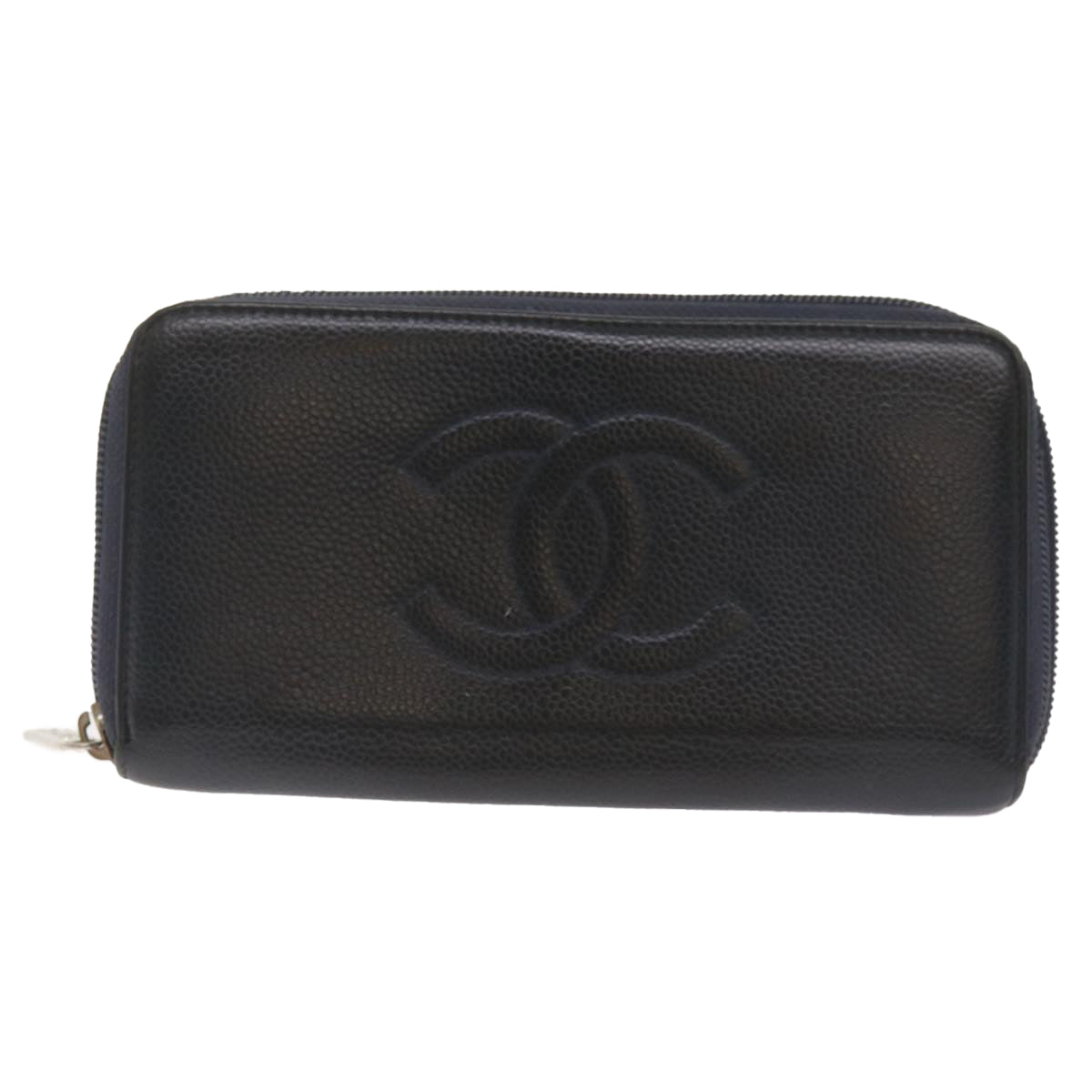 CHANEL Long Wallet Caviar Skin 2Set Navy White CC Auth bs12301 - 0