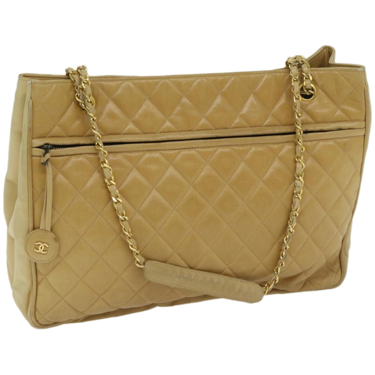 CHANEL Chain Shoulder Bag Leather Beige CC Auth bs12355