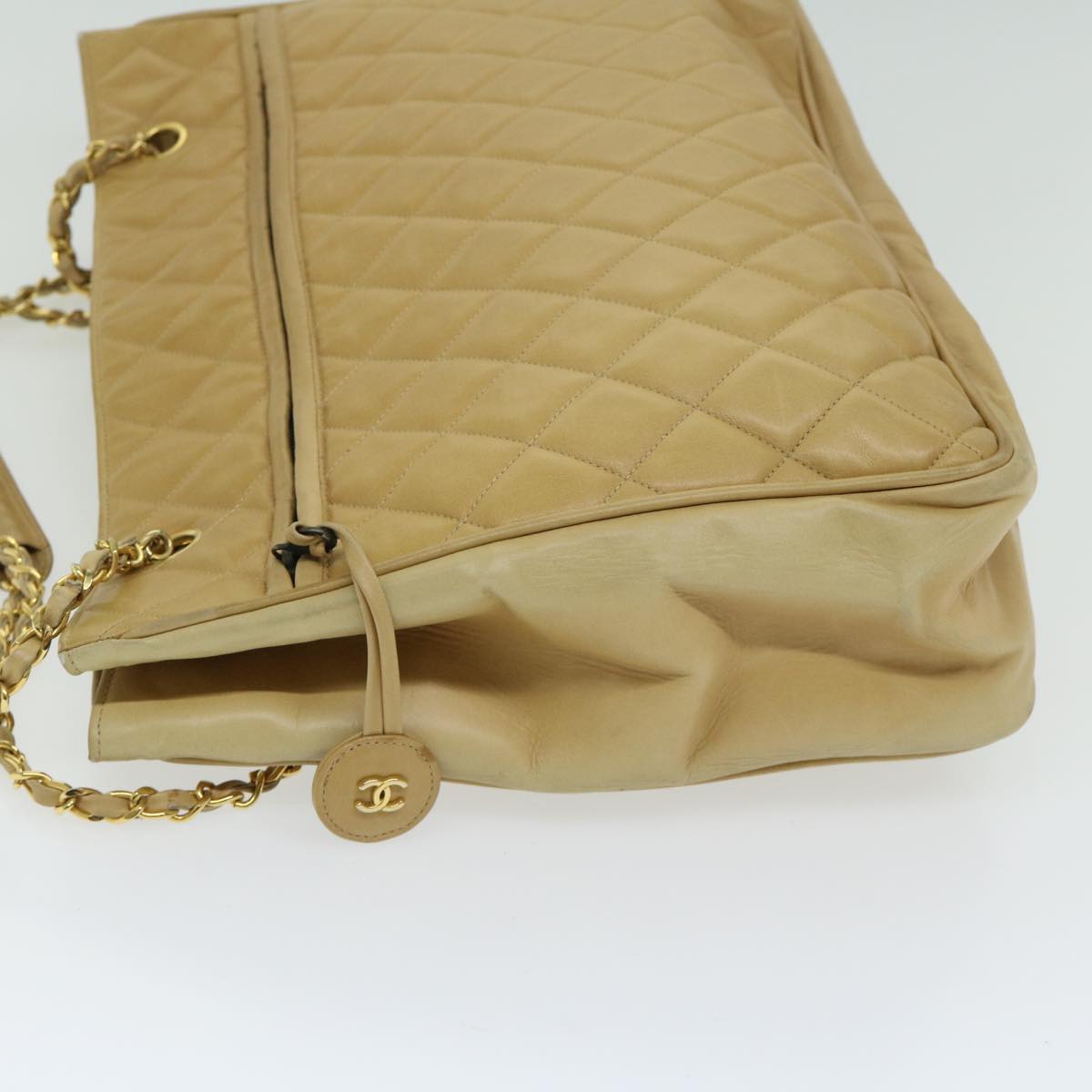 CHANEL Chain Shoulder Bag Leather Beige CC Auth bs12355