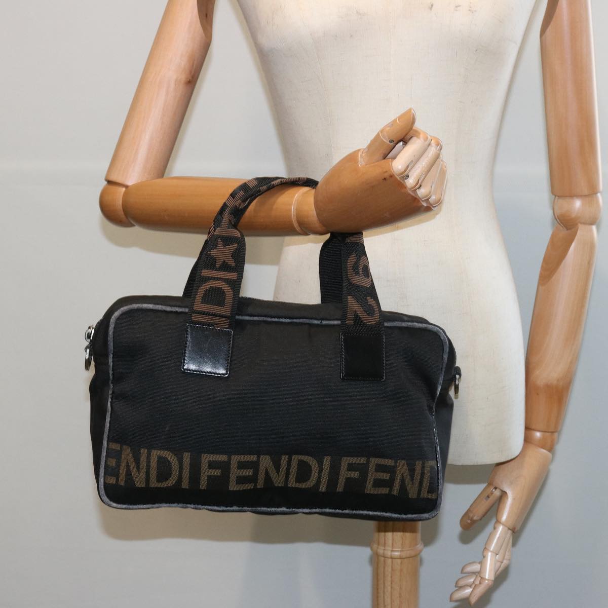 FENDI Hand Bag Canvas Black Auth bs12372