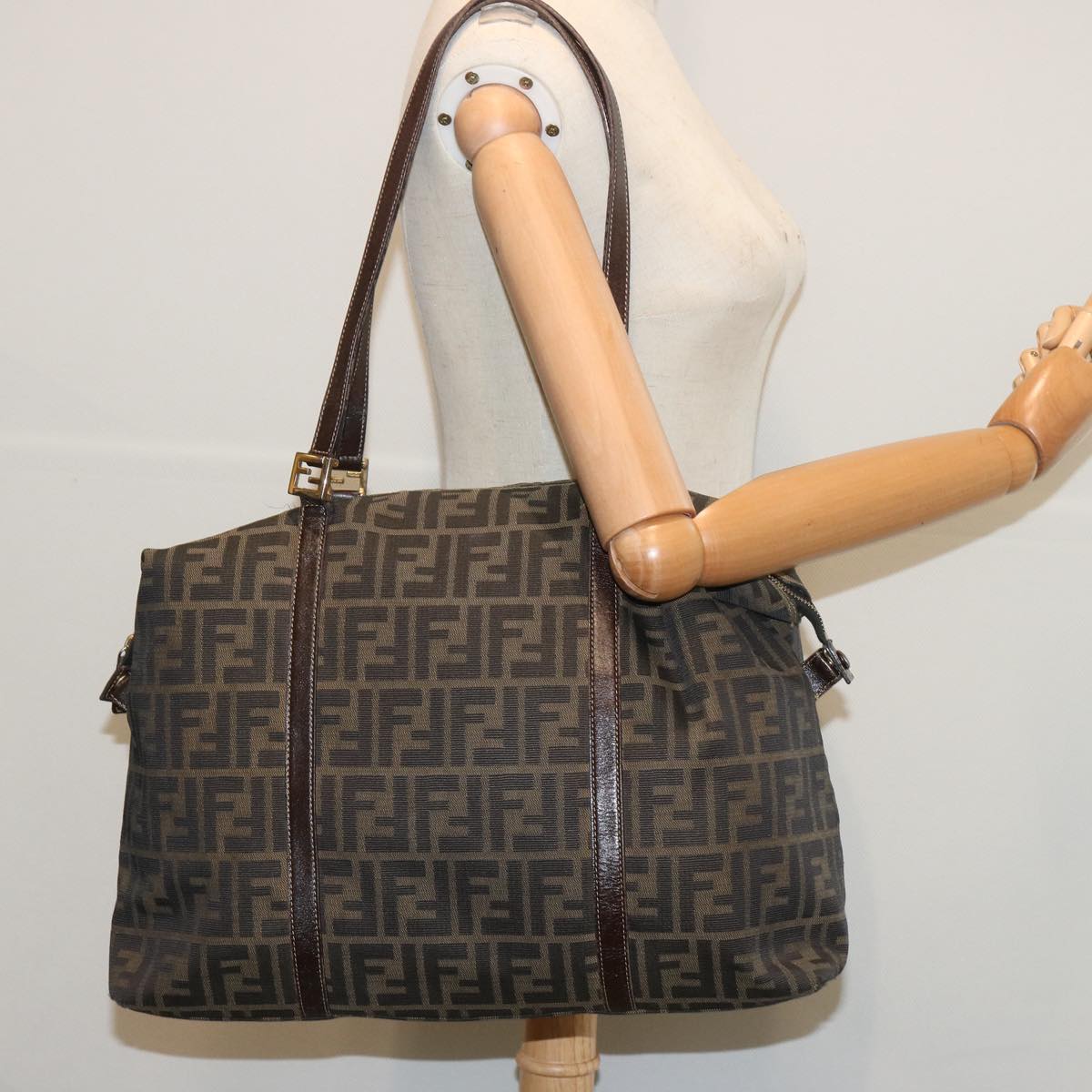 FENDI Zucca Canvas Tote Bag Black Brown Auth bs12373