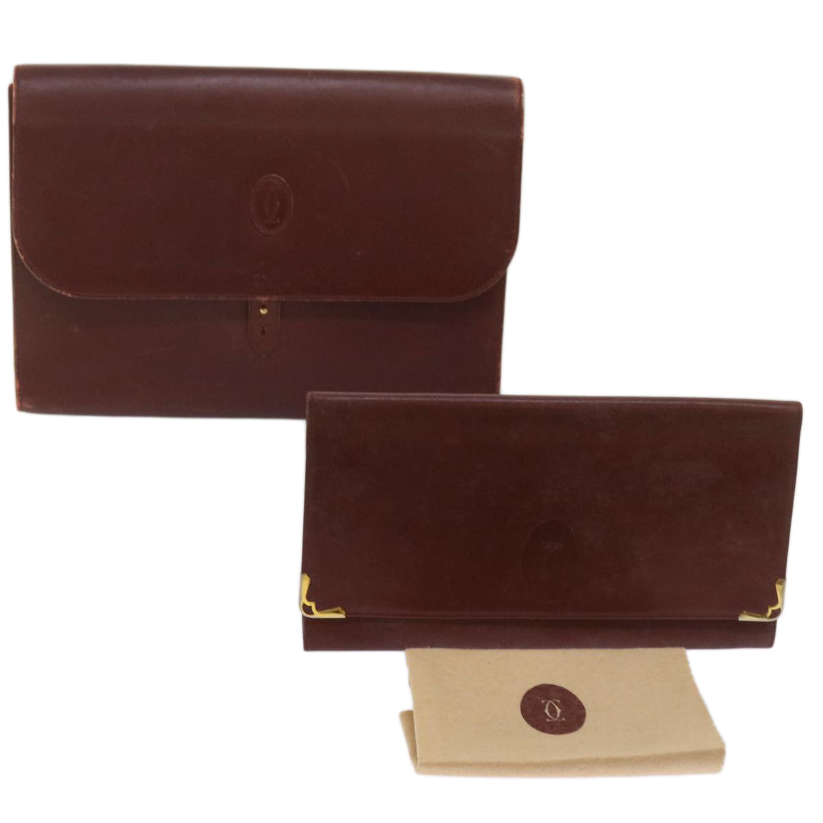 CARTIER Clutch Bag Leather 2Set Wine Red Auth bs12440
