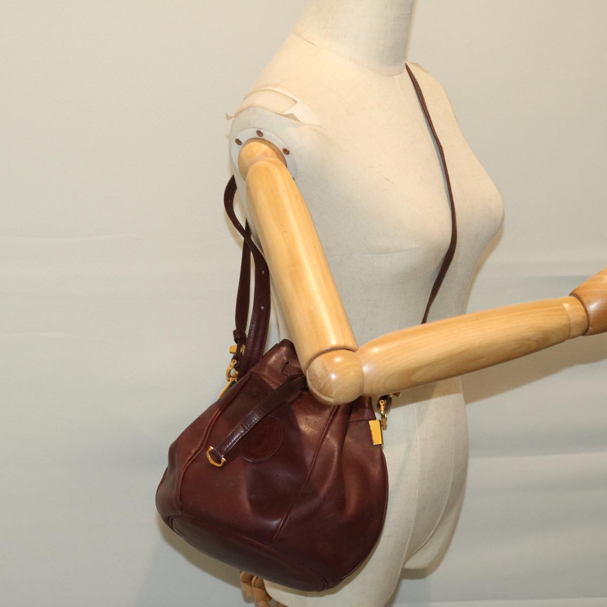 CARTIER Shoulder Bag Leather Wine Red Auth bs12441