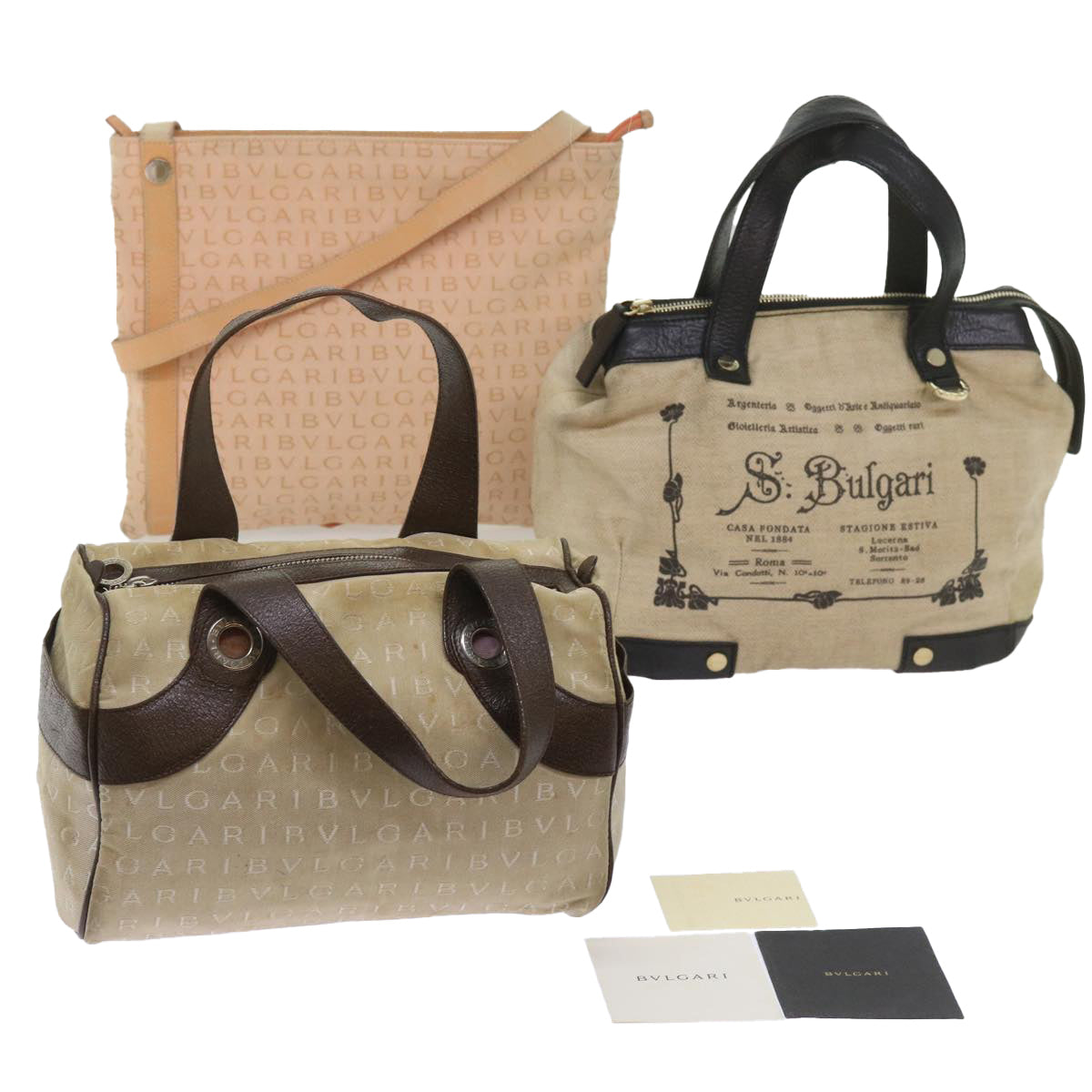 BVLGARI Shoulder Bag Hand Bag Canvas 3Set Beige Orange Auth bs12445