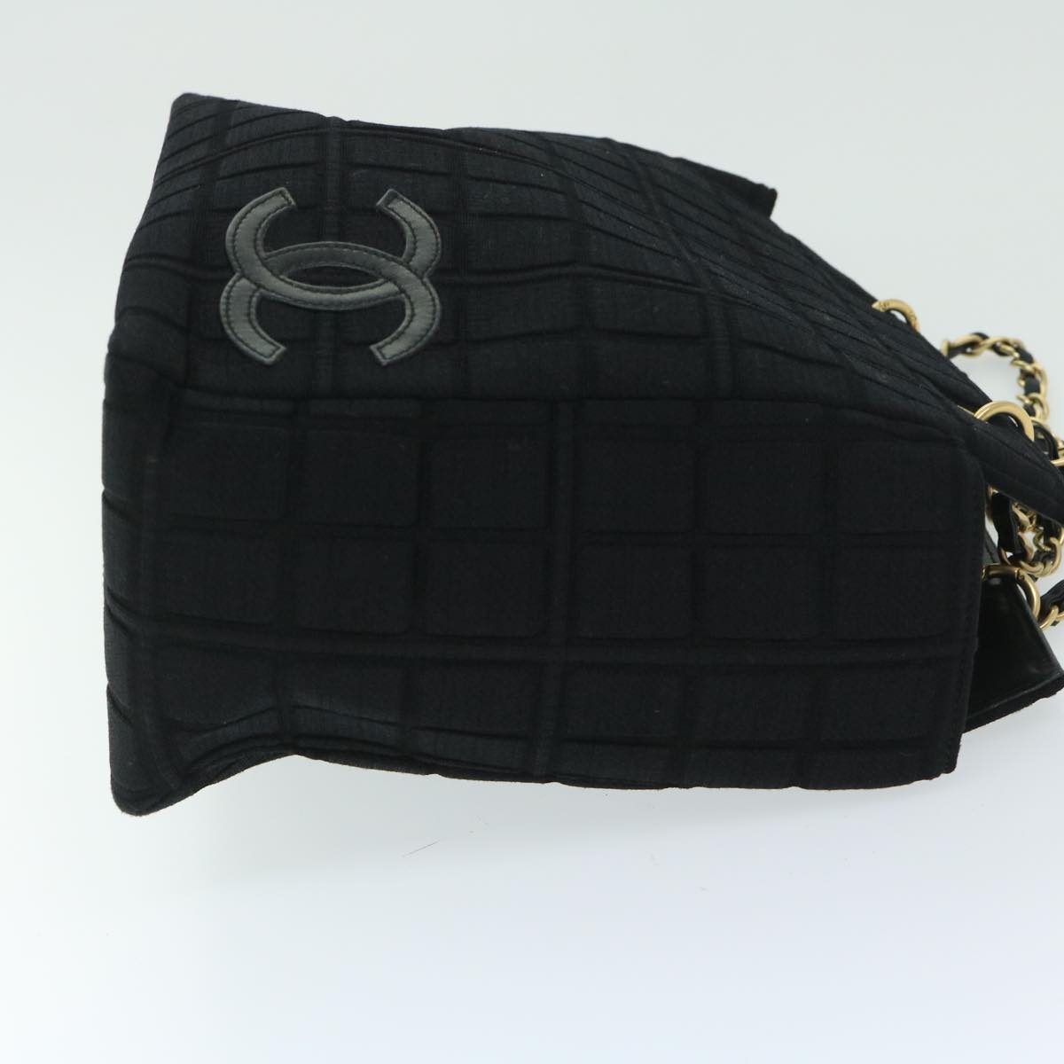 CHANEL Choco Bar Chain Hand Bag Cotton Black CC Auth bs12465
