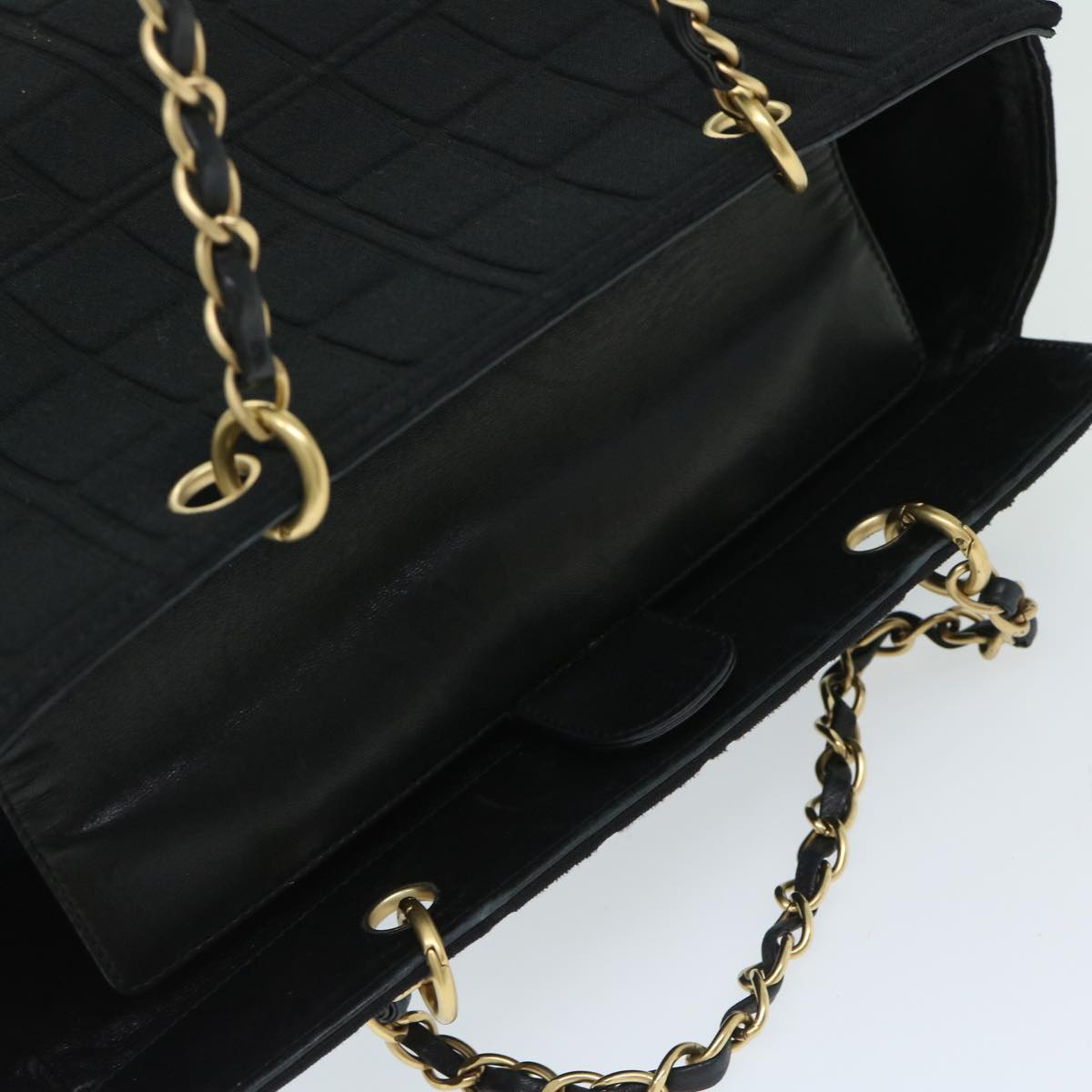 CHANEL Choco Bar Chain Hand Bag Cotton Black CC Auth bs12465