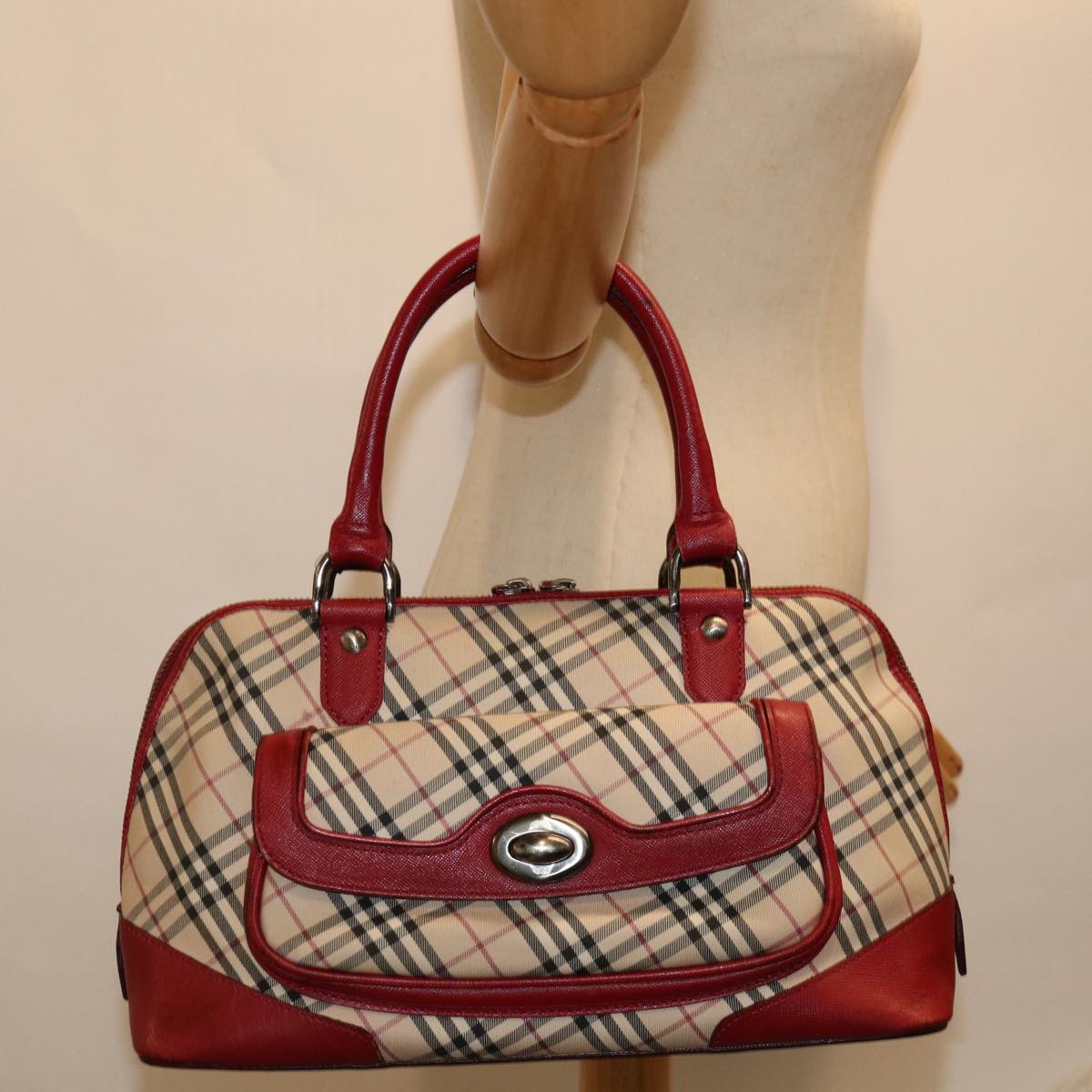 BURBERRY Nova Check Hand Bag Canvas Red Beige Auth bs12476