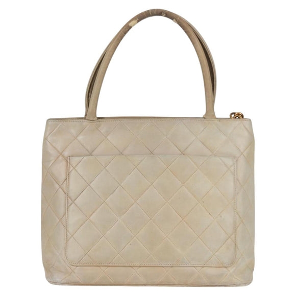 CHANEL Tote Bag Lamb Skin Beige CC Auth bs12535