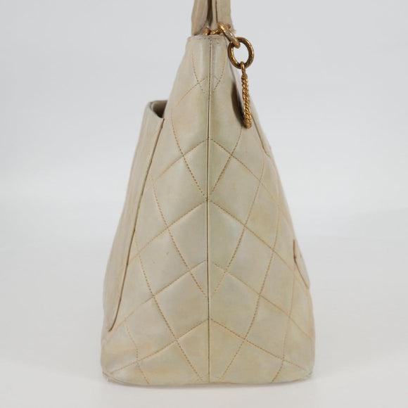 CHANEL Tote Bag Lamb Skin Beige CC Auth bs12535