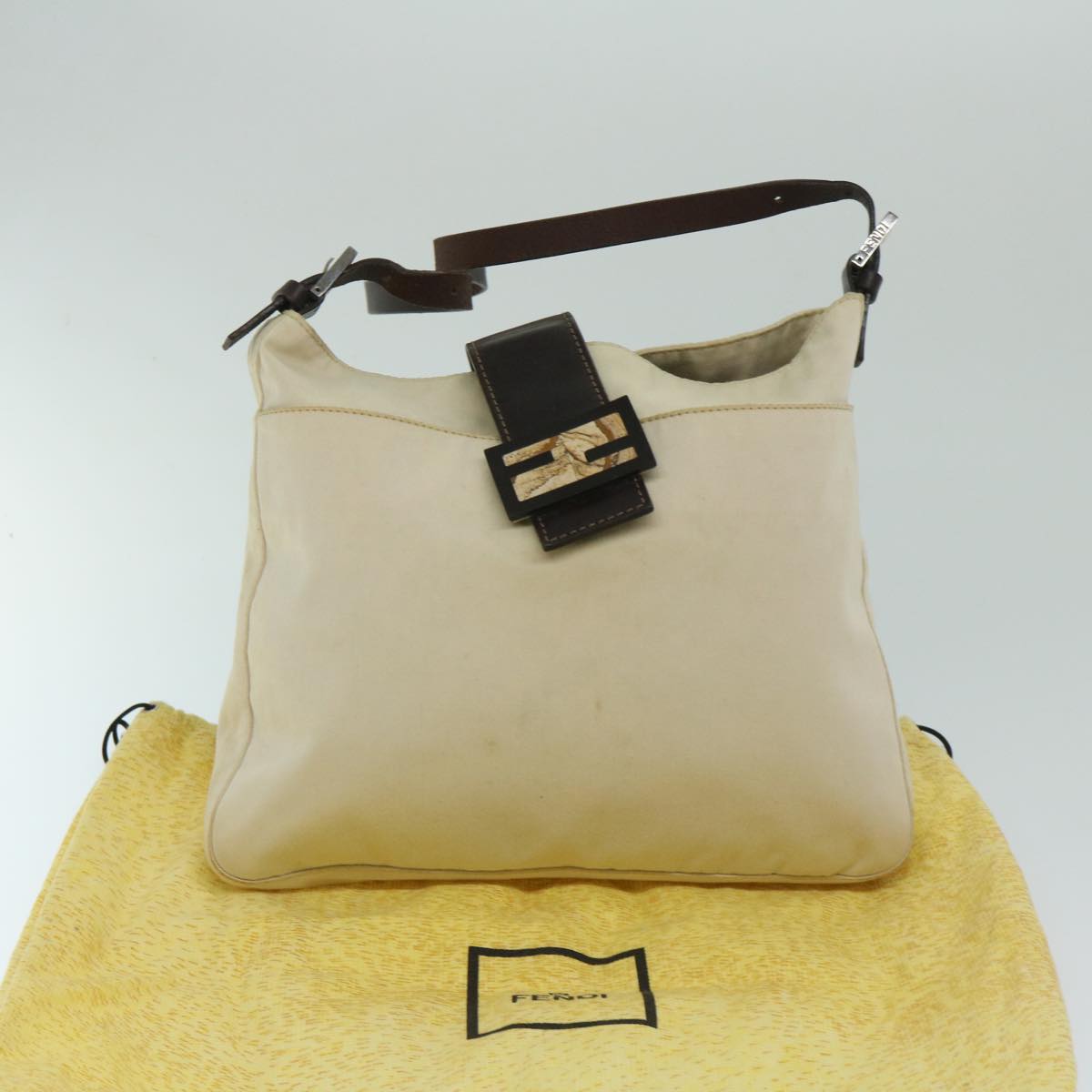 FENDI Mamma Baguette Shoulder Bag Canvas Beige Auth bs12544