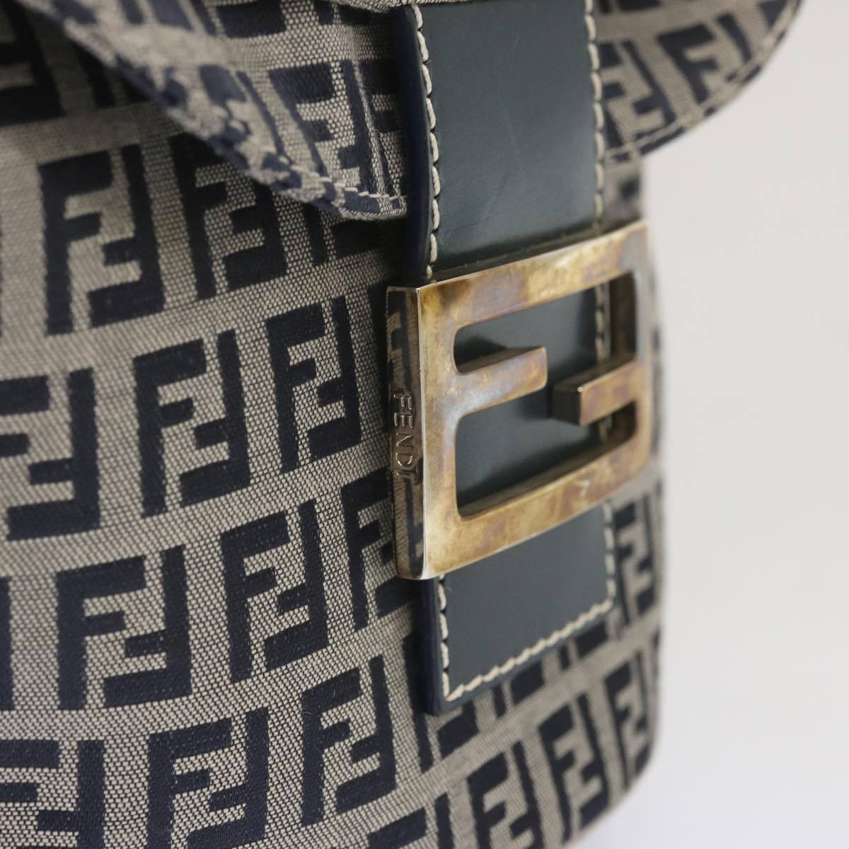 FENDI Zucchino Canvas Mamma Baguette Shoulder Bag Navy Auth bs12563