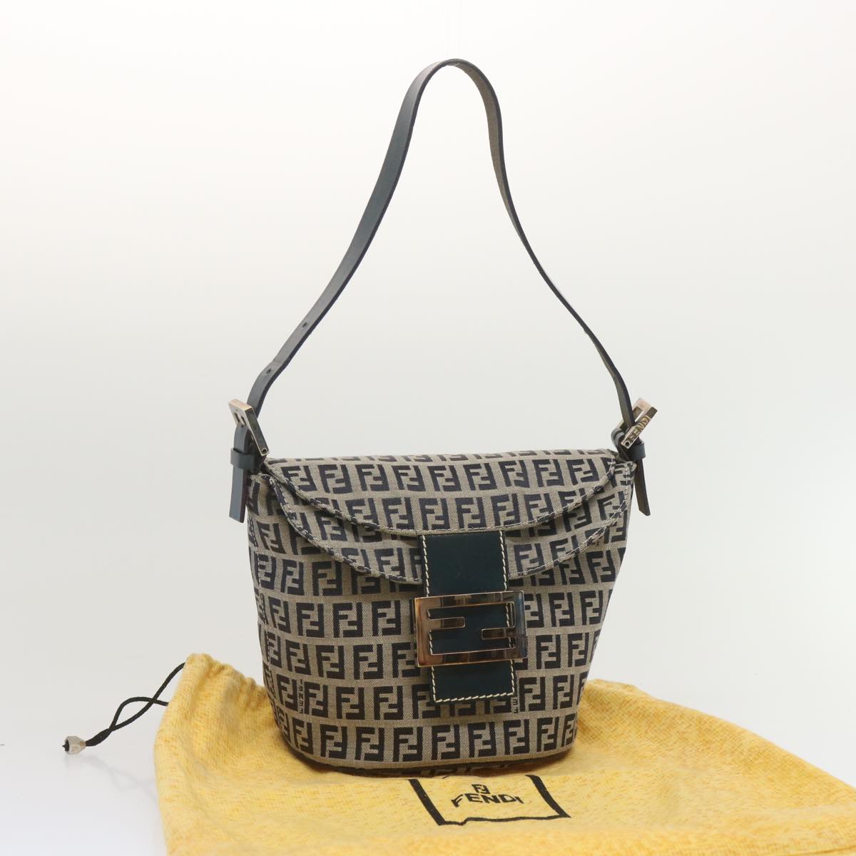 FENDI Zucchino Canvas Mamma Baguette Shoulder Bag Navy Auth bs12563