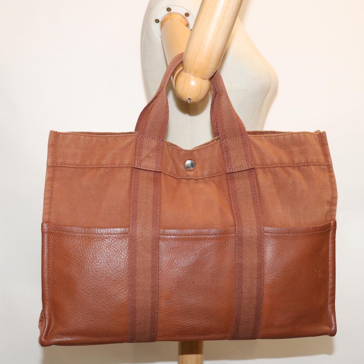 HERMES Fourre Tout MM Hand Bag Canvas Brown Auth bs12587