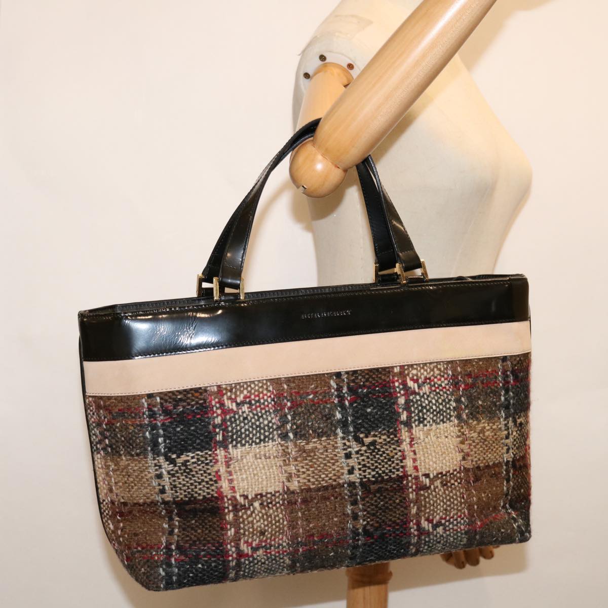 BURBERRY Hand Bag Wool Beige Auth bs12601