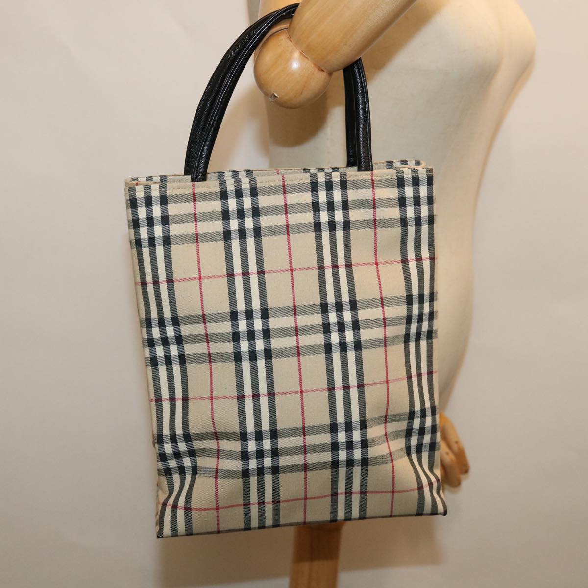 BURBERRY Nova Check Hand Bag Canvas Beige Auth bs12605