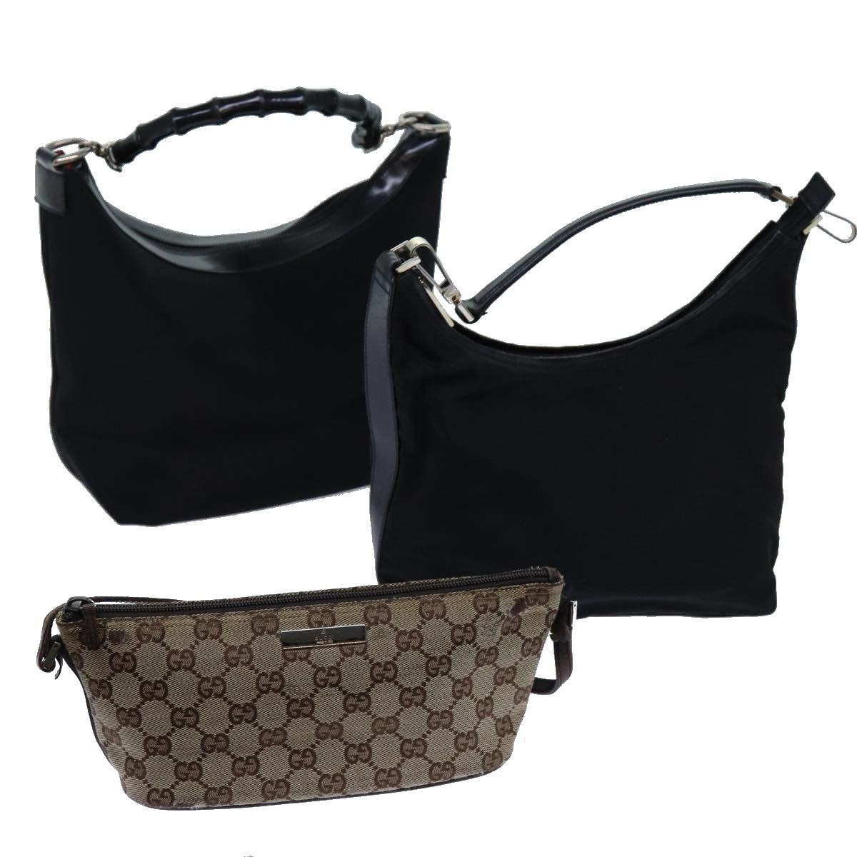 GUCCI GG Canvas Bamboo Shoulder Bag Canvas 3Set Beige Black Auth bs12626