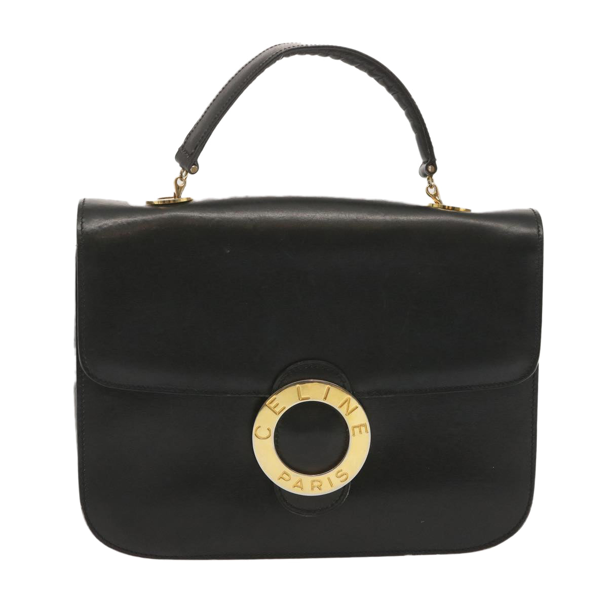 CELINE Circle Hand Bag Leather Black Auth bs12765 - 0