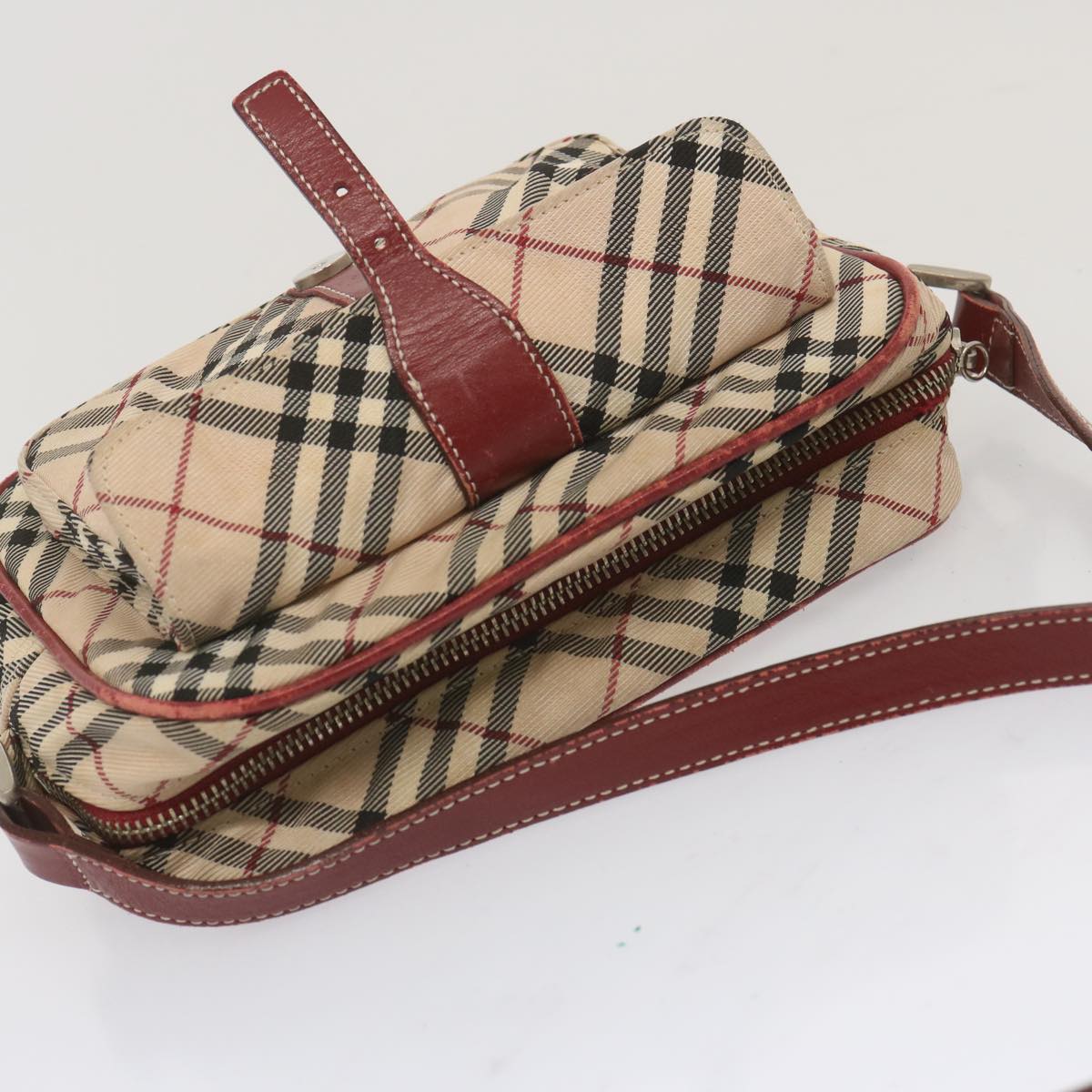 BURBERRY Nova Check Blue Label Shoulder Bag Nylon Beige Red Auth bs12778