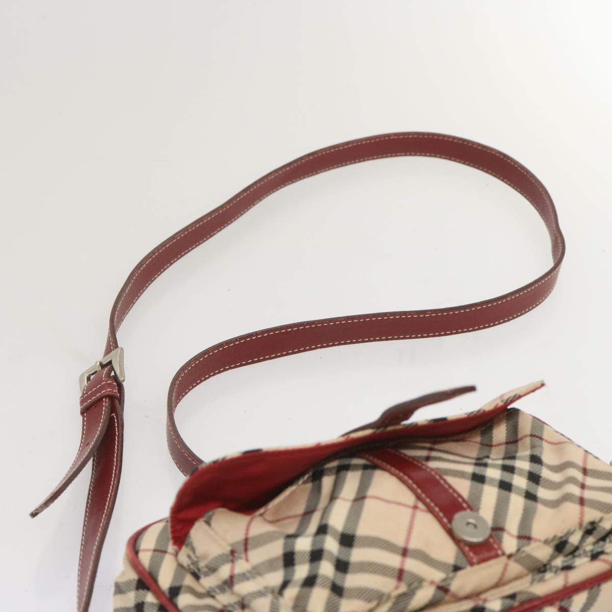 BURBERRY Nova Check Blue Label Shoulder Bag Nylon Beige Red Auth bs12778