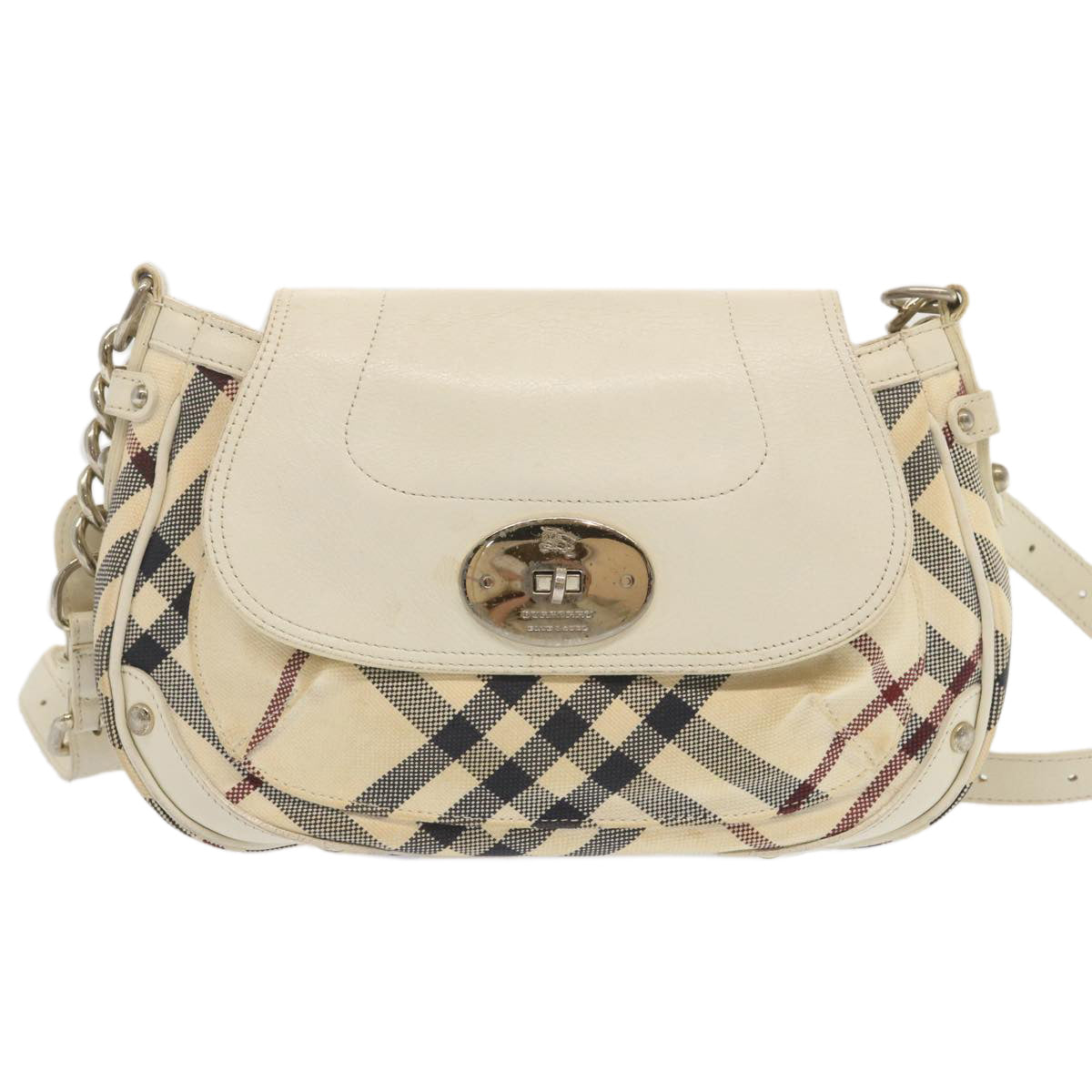 BURBERRY Nova Check Blue Label Shoulder Bag Canvas White Beige Auth bs12779