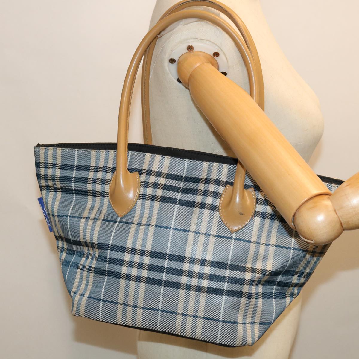 BURBERRY Nova Check Blue Label Hand Bag Canvas Light Blue Beige Auth bs12781