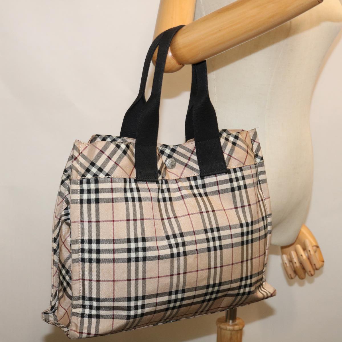 BURBERRY Nova Check Hand Bag Nylon Beige Black Auth bs12785