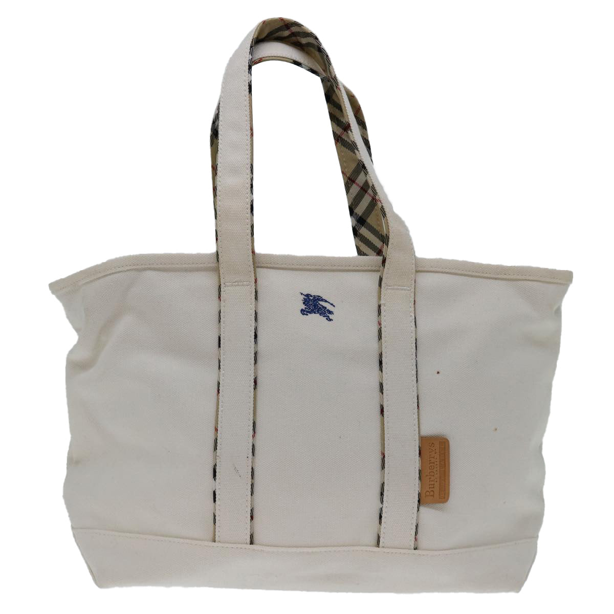 Burberrys Nova Check Blue Label Tote Bag Canvas White Beige Auth bs12787
