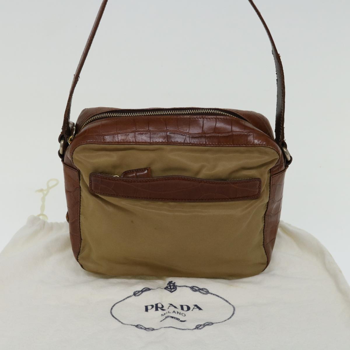 PRADA Hand Bag Nylon Leather Beige Brown Auth bs12806