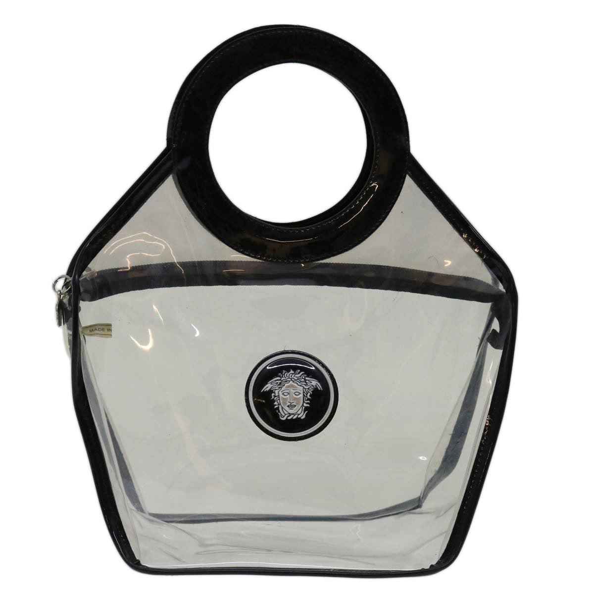 VERSACE Hand Bag Vinyl Clear Black Auth bs12850