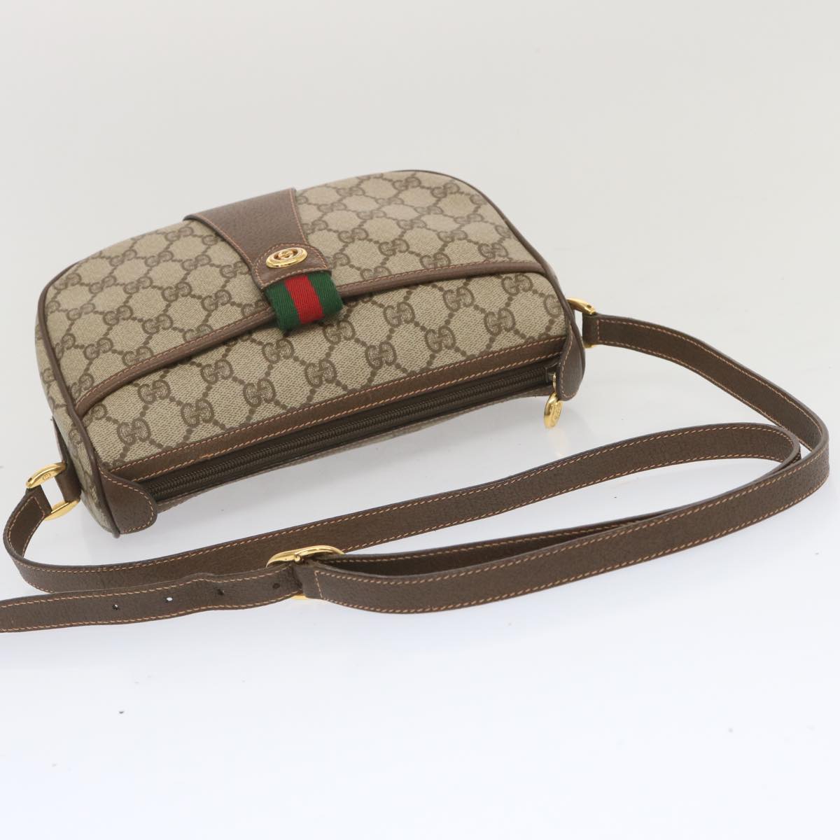 GUCCI GG Supreme Web Sherry Line Shoulder Bag Beige Red 89 02 032 Auth bs12885