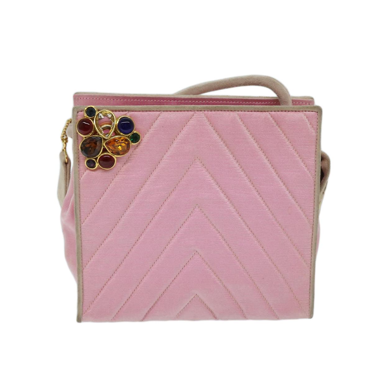 CHANEL V Stitch Stone Shoulder Bag Canvas Pink CC Auth bs12895 - 0