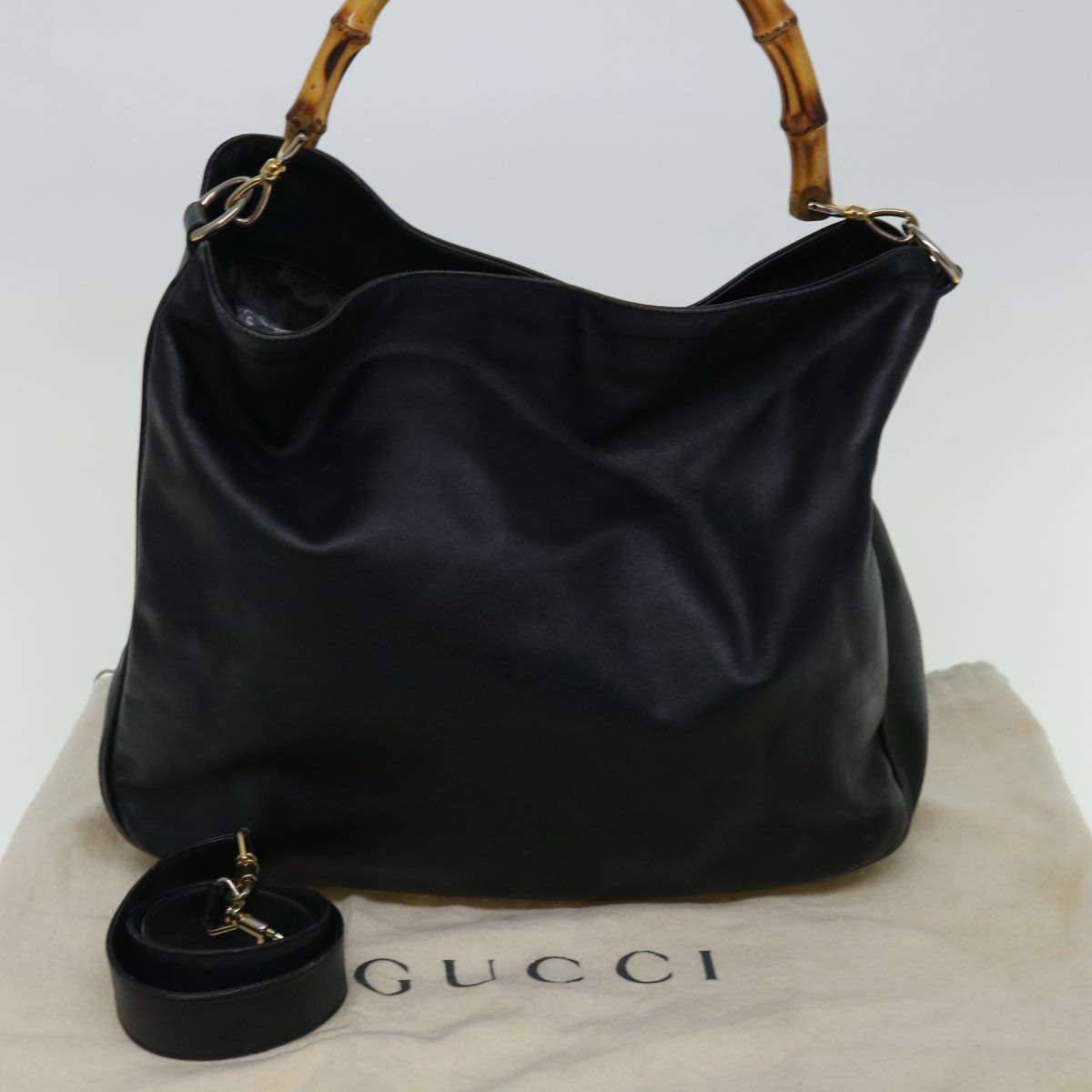 GUCCI Bamboo Shoulder Bag Leather Black Auth bs12938