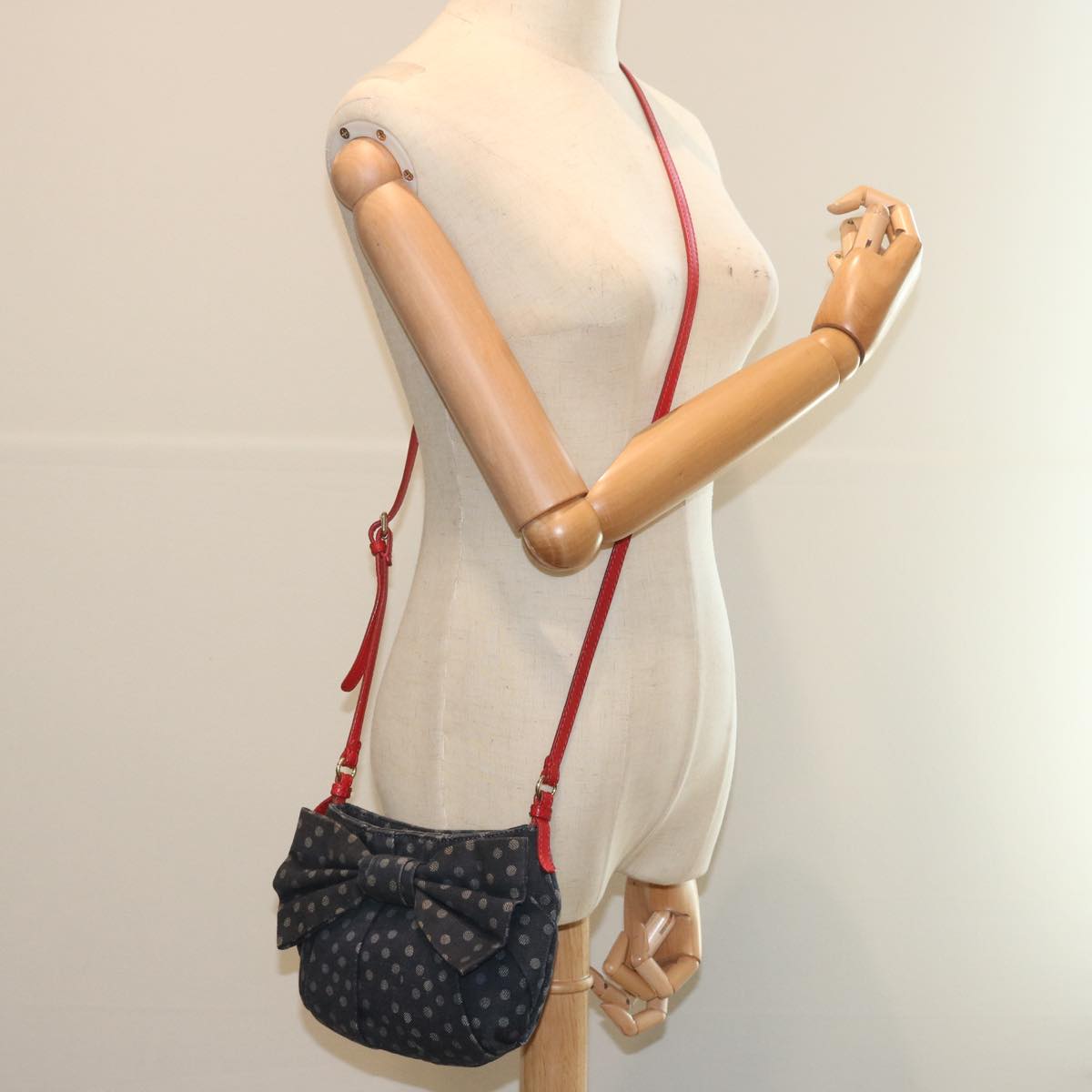 VALENTINO Ribbon Shoulder Bag Canvas Navy Auth bs12946