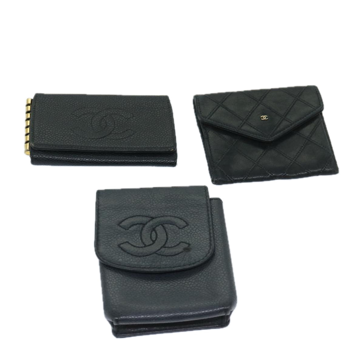 CHANEL Key Case Coin Purse Leather 3Set Black CC Auth bs12956