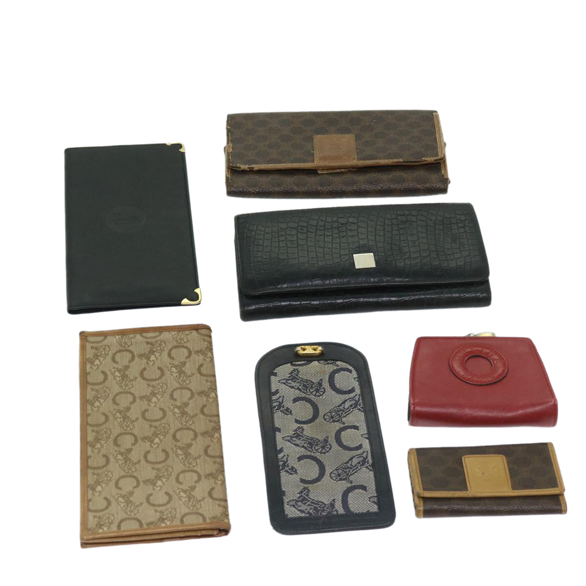 CELINE Macadam Canvas Pouch Key Case Wallet Leather 6Set Beige Auth bs12965