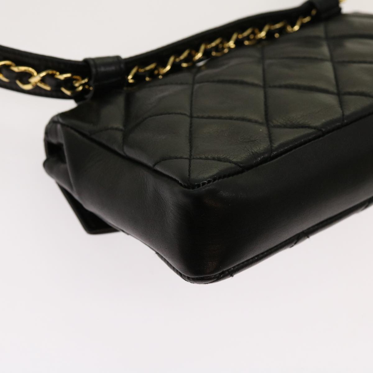 CHANEL Matelasse Turn Lock Chain Waist bag Lamb Skin Black CC Auth bs13039