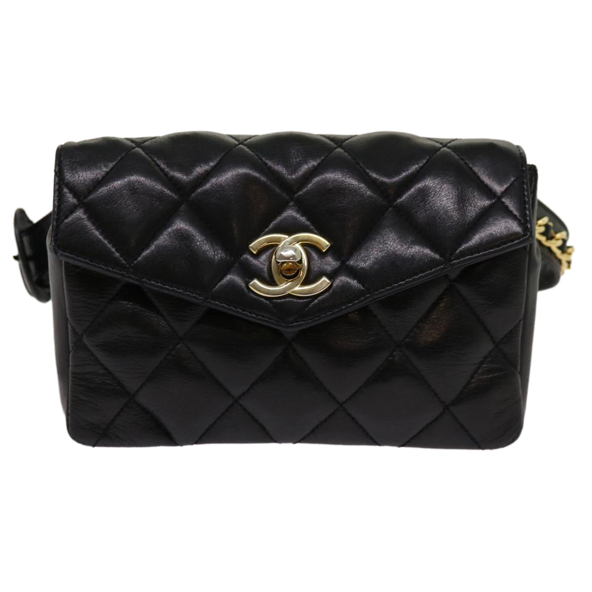 CHANEL Matelasse Turn Lock Chain Waist bag Lamb Skin Black CC Auth bs13039