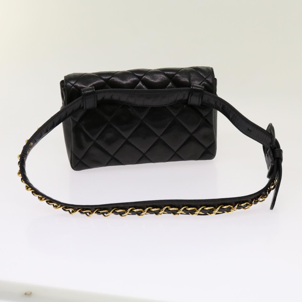 CHANEL Matelasse Turn Lock Chain Waist bag Lamb Skin Black CC Auth bs13039