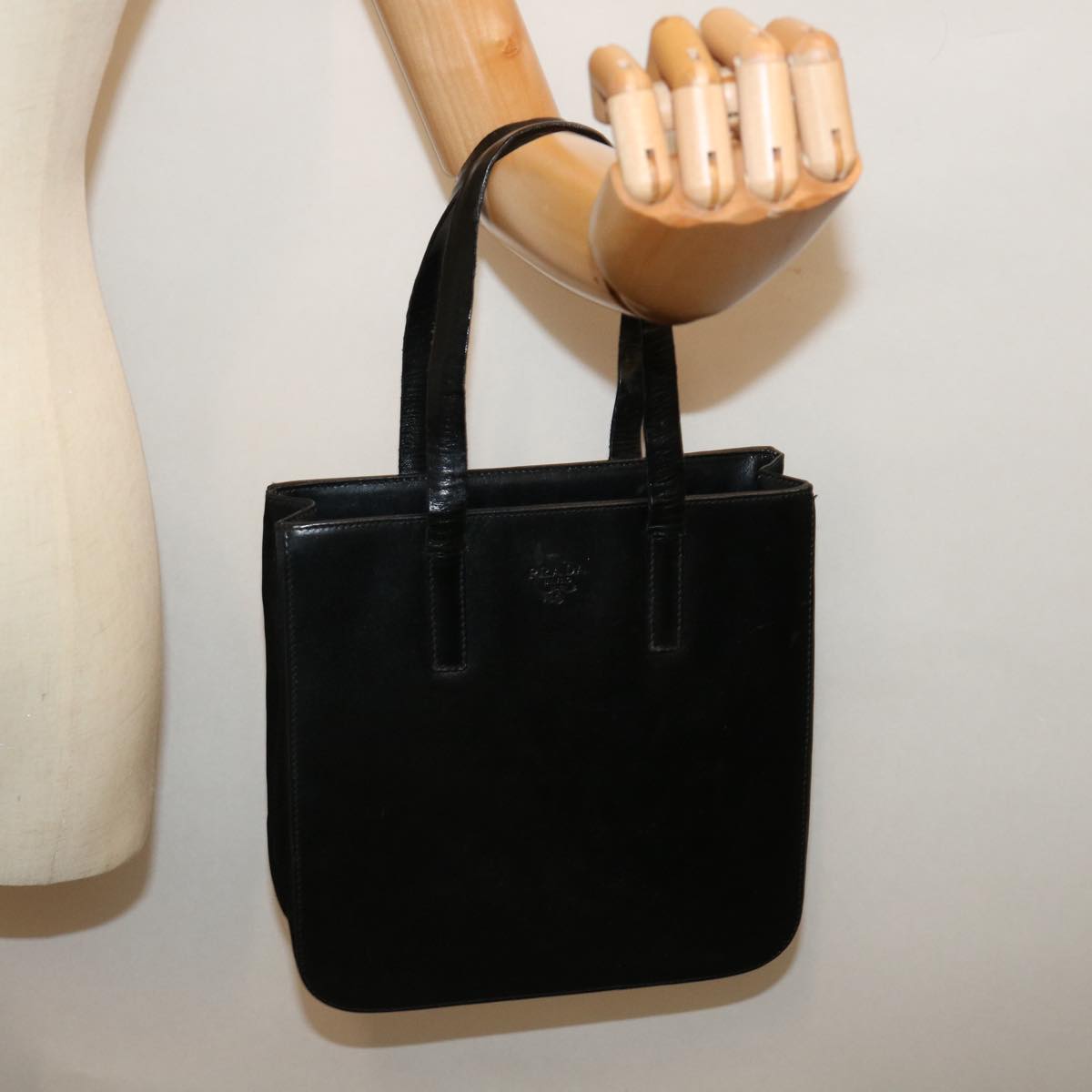 PRADA Hand Bag Leather Black Auth bs13078