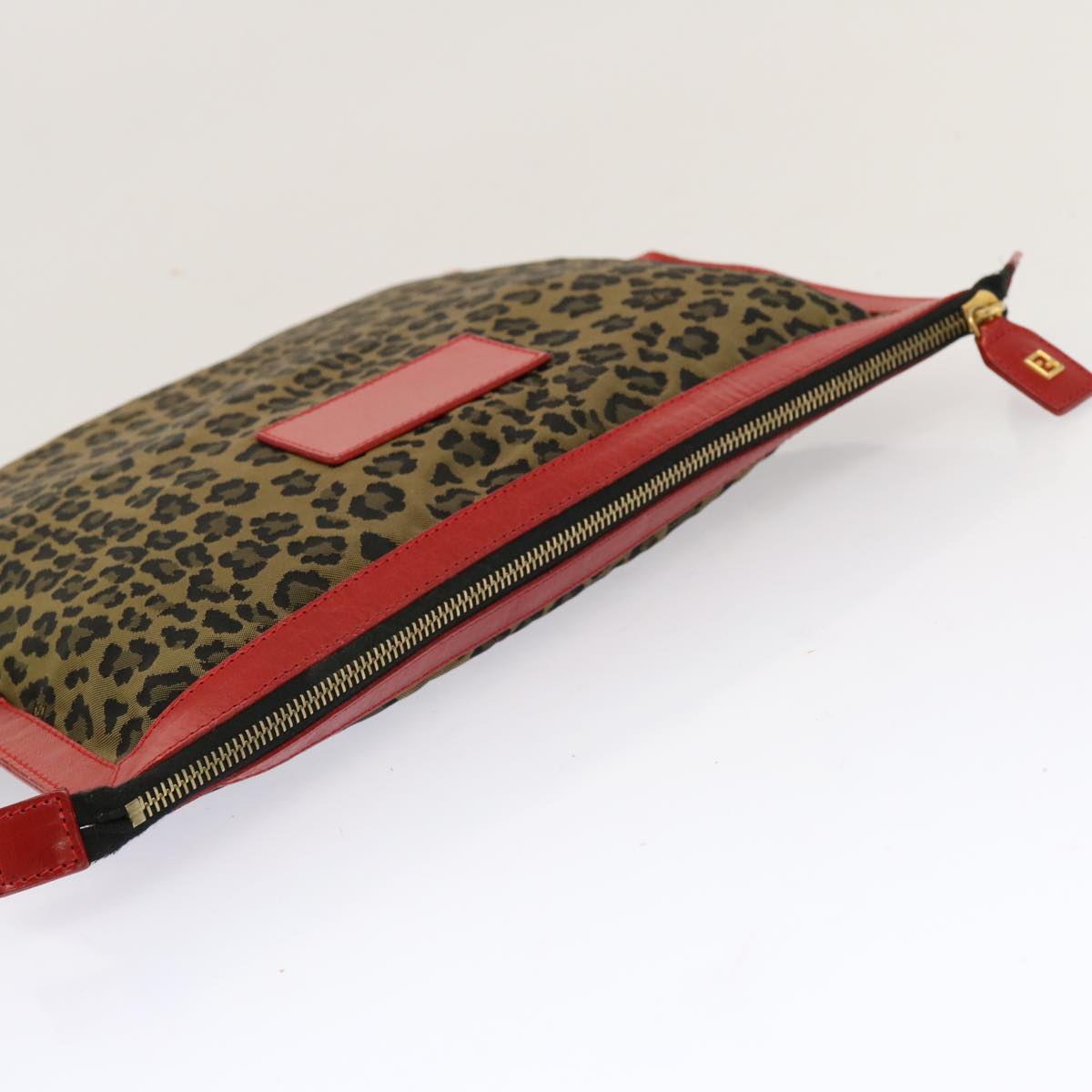 FENDI Leopard Clutch Bag Nylon Leather Red Brown Auth bs13085